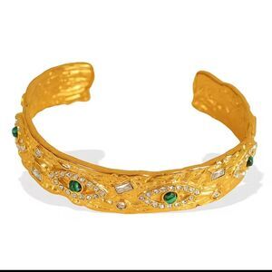 New ANTHRO Malachite 18k Gold Ss Evil Eye Protection Bangle Bracelet